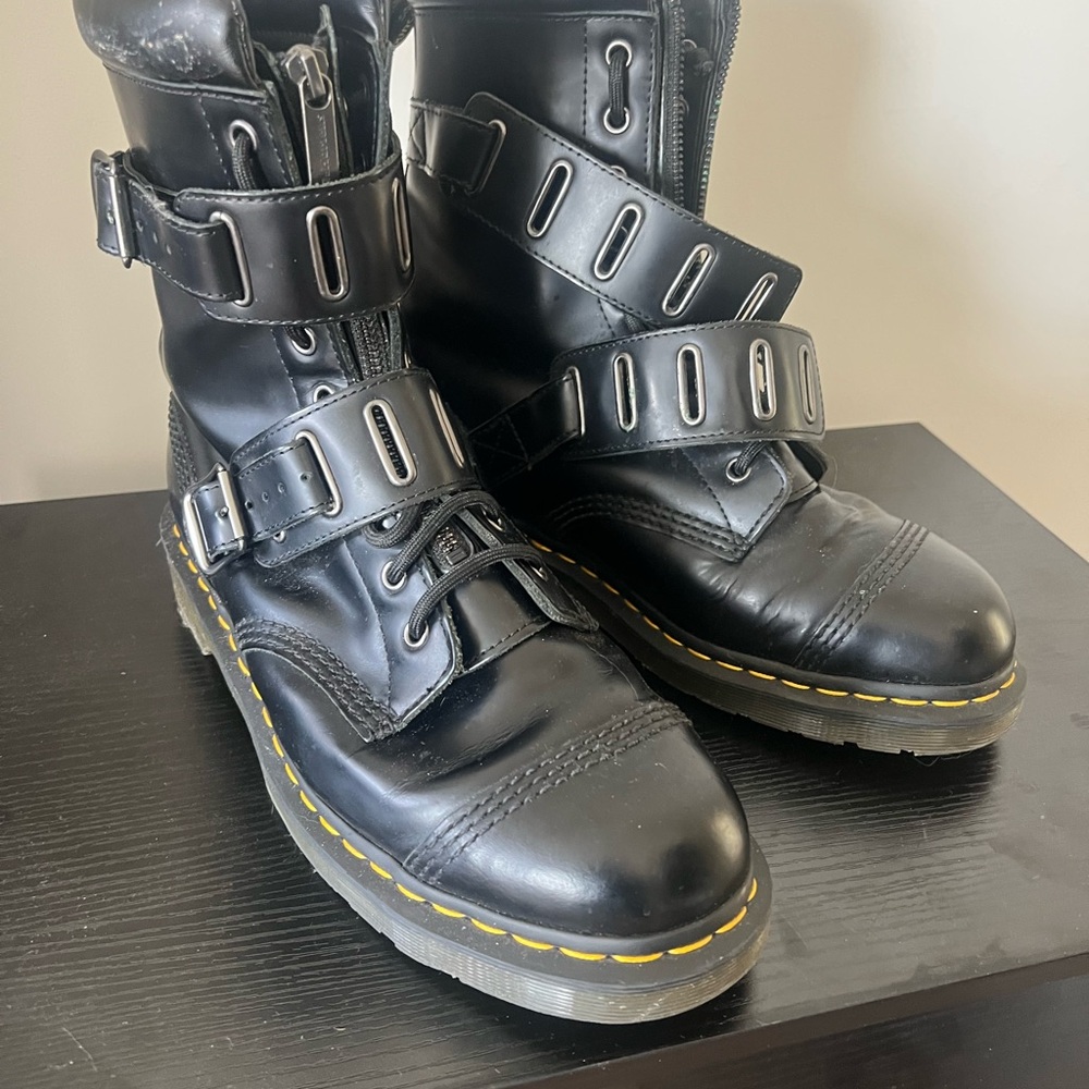 Black Leather Combat Boots with Buckles